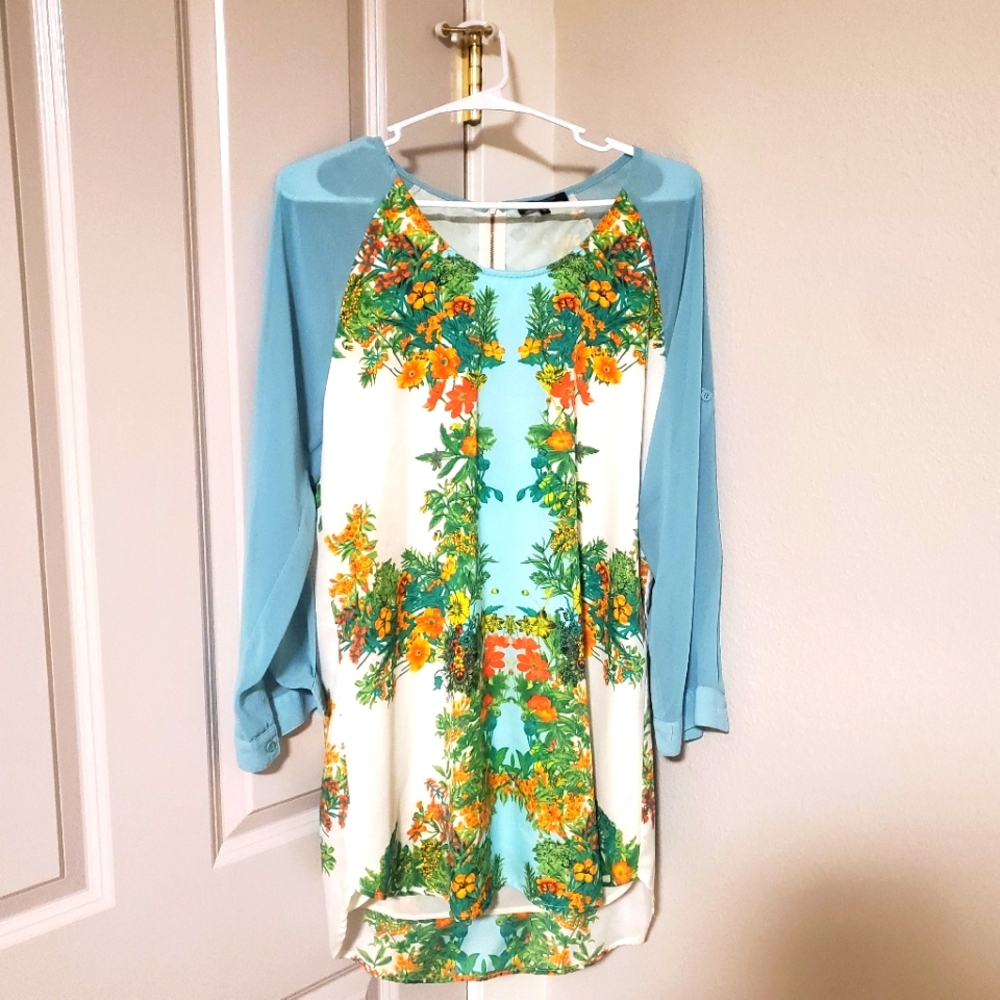 Floral Print Dress with Blue Sleeves- Size Small